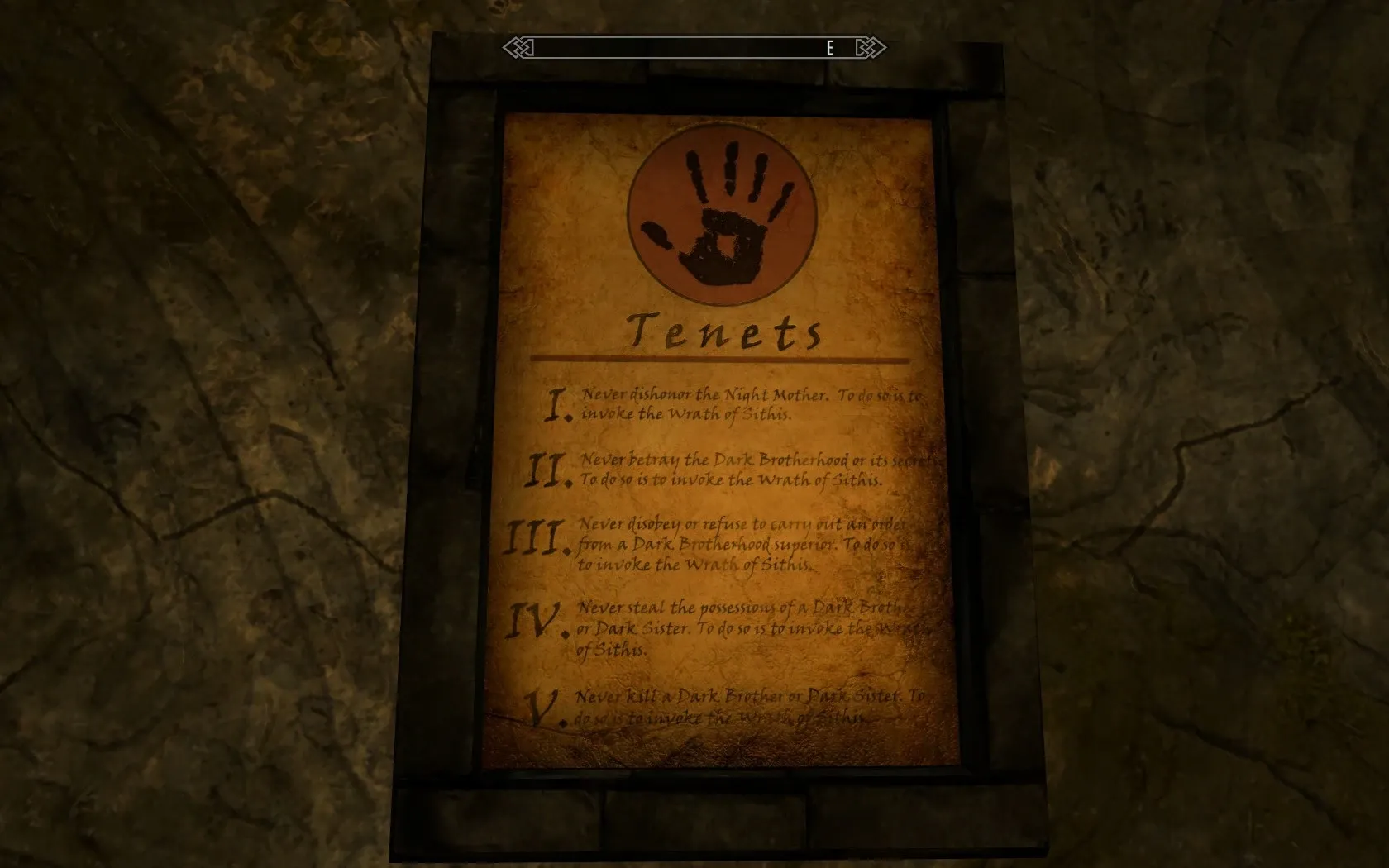 The restored tenets sign on a Dark Brotherhood sanctuary wall