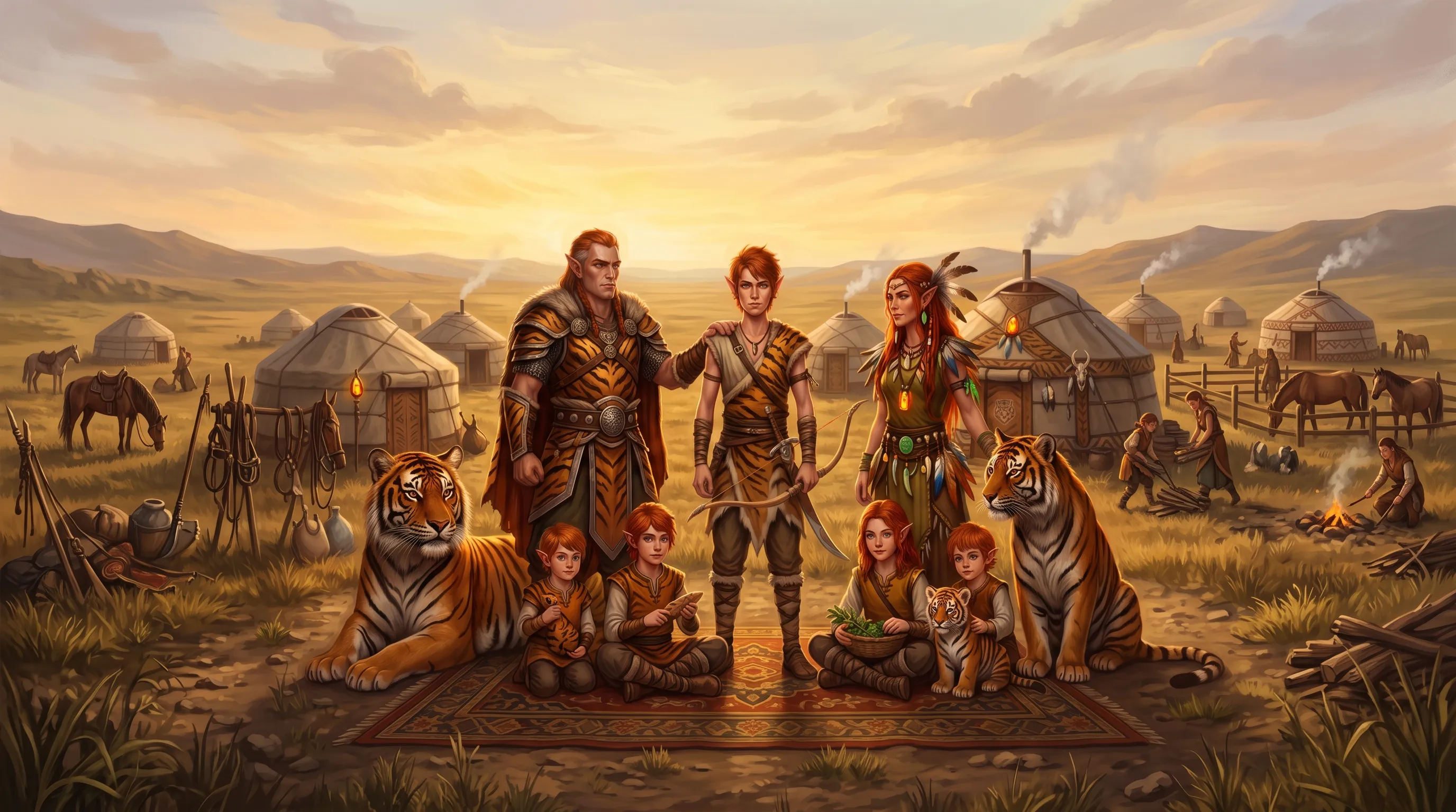 An elf family of the Tiger Clan on the steppe: a chieftain in tiger-hide armour, a mother with a glowing amber totem, a young archer and their children, flanked by two tigers before the clan's yurts.