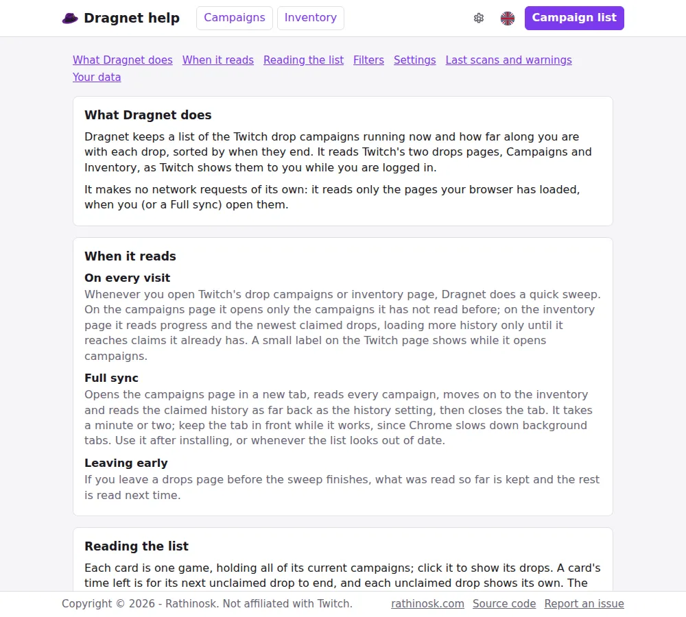 Dragnet extension help page with a contents list and instructions.