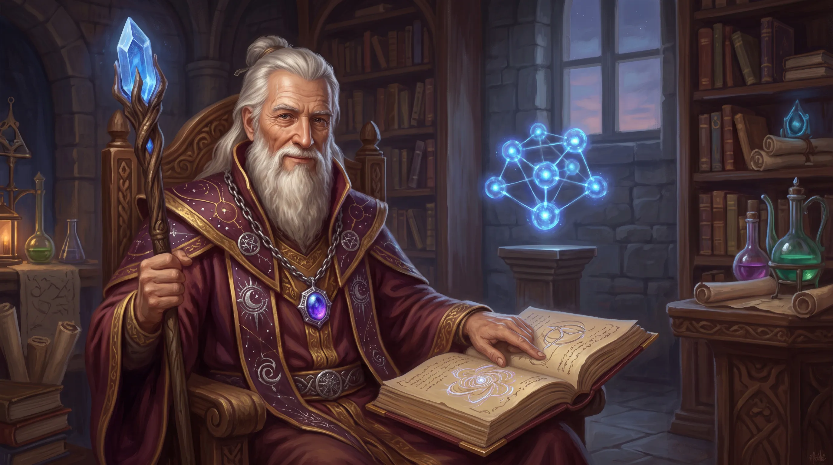 A white-bearded old wizard in burgundy robes sits in his tower library with a crystal-topped staff and an open spellbook, a glowing constellation of runes floating beside him.