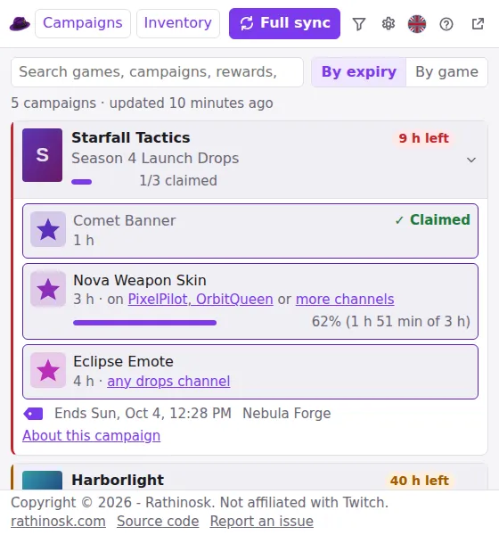 Dragnet popup showing active Twitch drop campaigns.