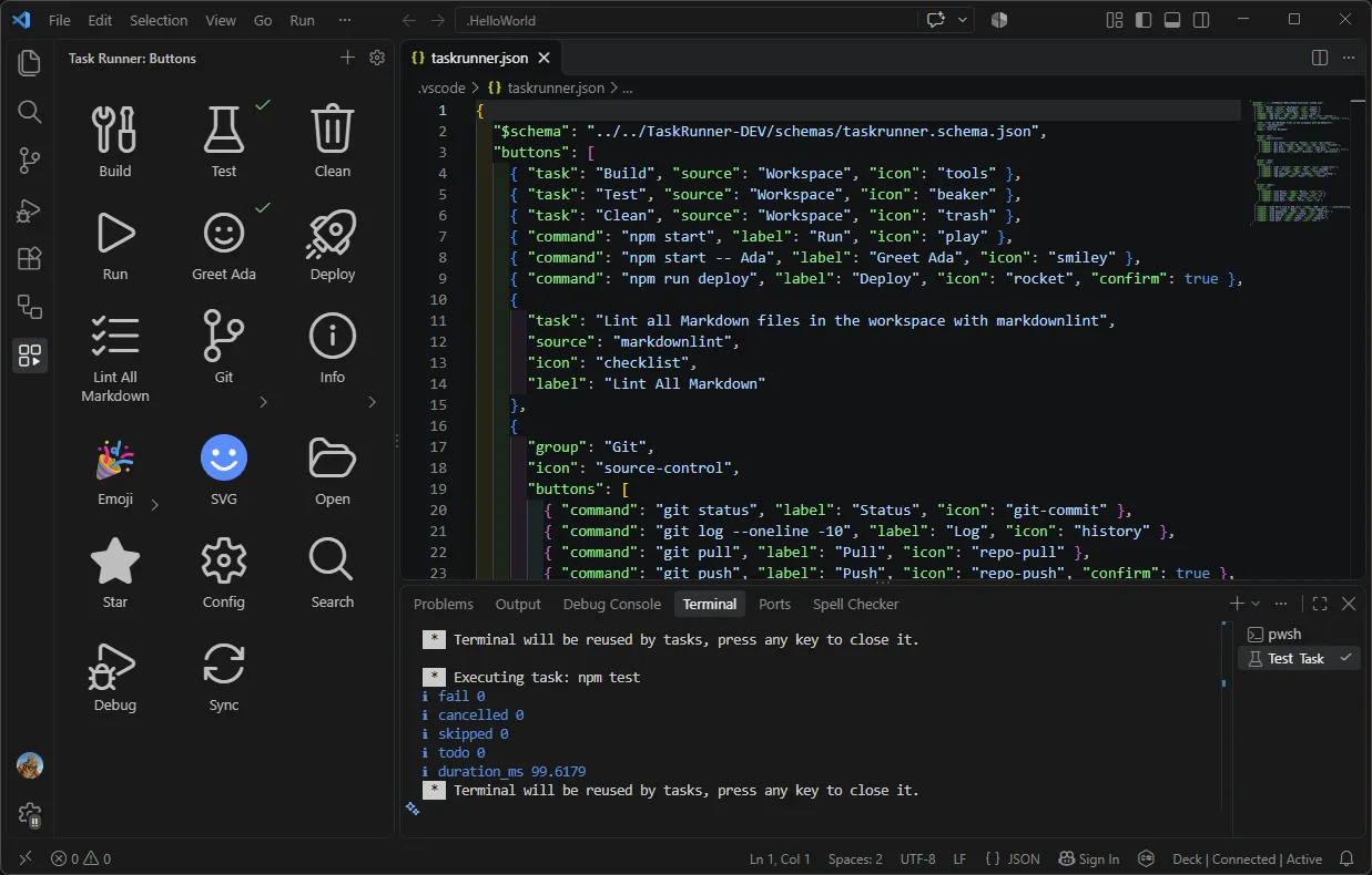 VS Code with the Task Runner sidebar showing a grid of icon buttons such as Build, Test, Clean, Run and Deploy, next to the taskrunner.json file that defines them.