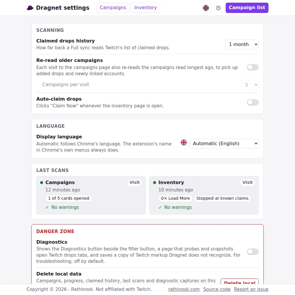 Dragnet settings page with scanning and stall-detection controls.