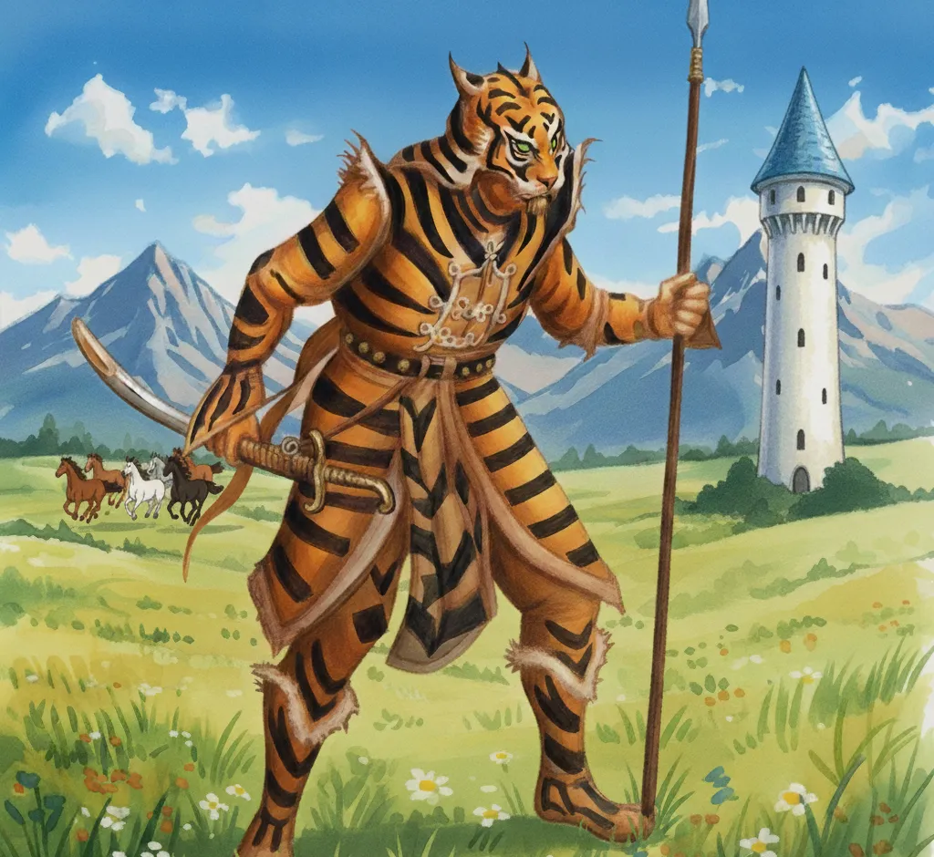 A tiger-striped warrior with a spear and scimitar stands in a meadow; horses run behind him and a white tower rises before the mountains.