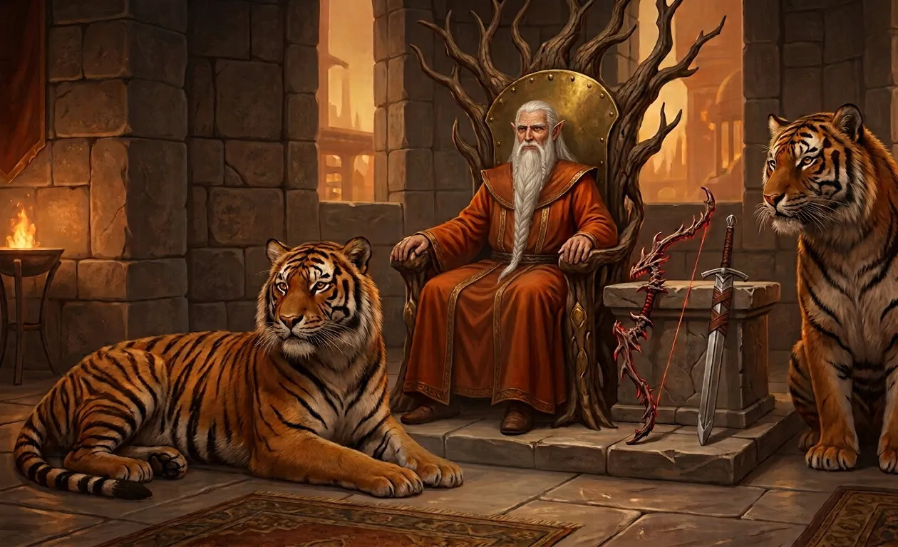 An ancient white-bearded elf in orange robes sits on a gnarled wooden throne in a stone hall, flanked by two tigers; a red, thorned bow and a sword rest on a stone plinth beside him.