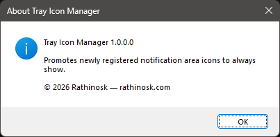 Tray Icon Manager About dialog showing product and version information
