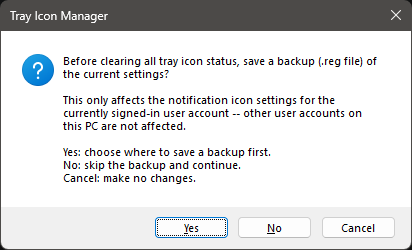Prompt asking whether to save a backup before clearing tray icon status