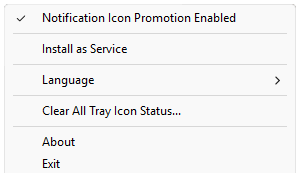 Tray Icon Manager context menu with promotion, service, language, clear status, About and Exit options